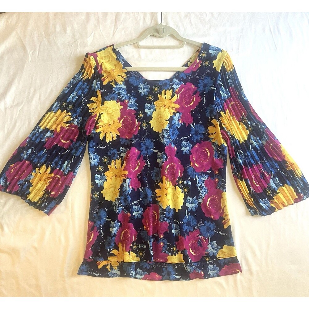 Laurie Felt Floral Blouse M Reversible Pleated Bell Sleeve Boho Cottagecore Chic - Picture 4 of 5